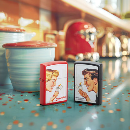 Lifestyle image of Zippo Vintage Ad Lighter Set Matte Windproof Lighters standing on a vintage kitchen counter with coffee cups.