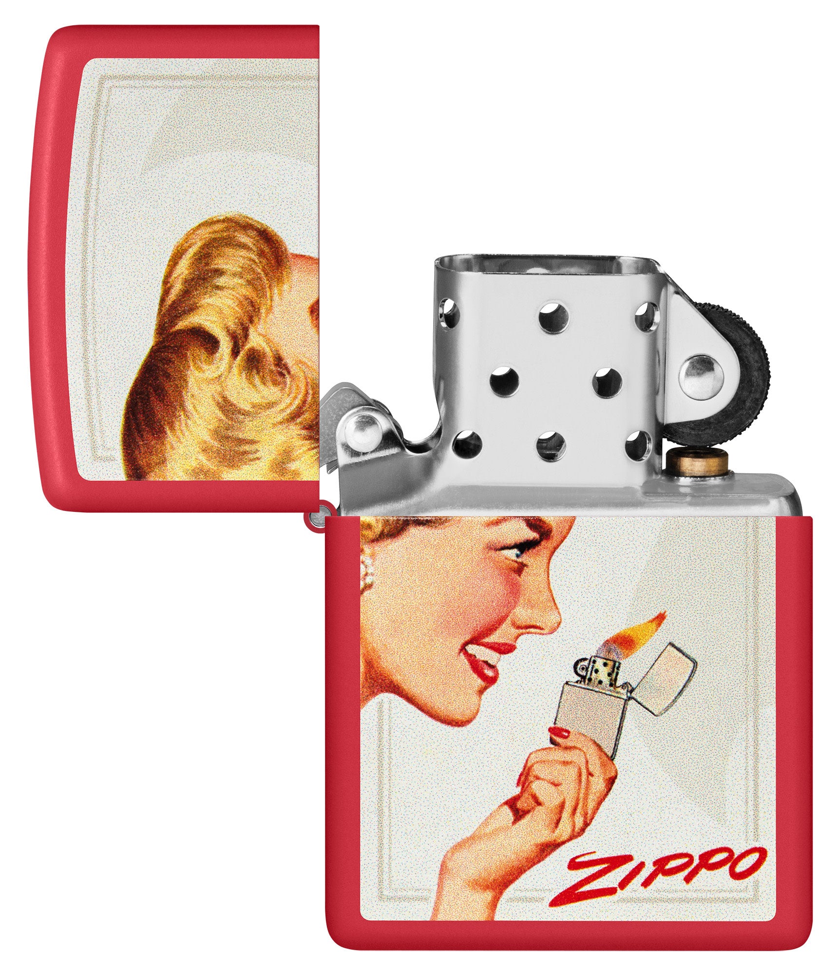 Zippo Vintage Ad Lighter Set Matte Windproof Lighters with its lid open and unlit.