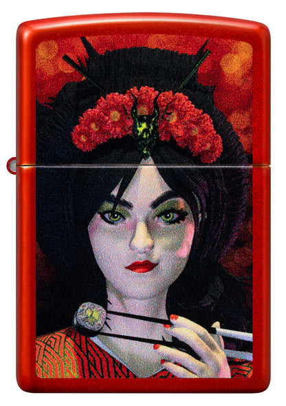 Front view of Zippo Dinner for Two Design Metallic Red Windproof Lighter.


