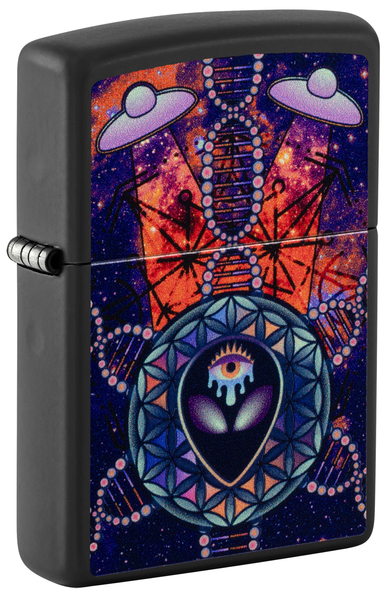 Front shot of Zippo All Seeing Alien Design Black Matte Windproof Lighter standing at a 3/4 angle.



