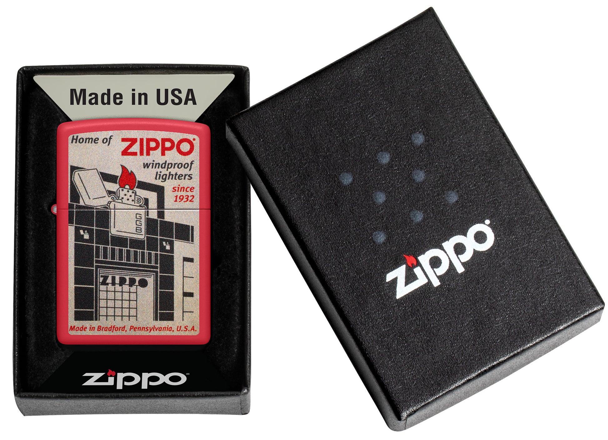 Zippo Blueprint Design Red Matte Windproof Lighter in its packaging.


