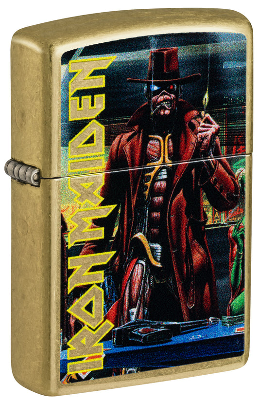 Front shot of Zippo Iron Maiden Stranger in a Strange Land Street Brass Windproof Lighter standing at a 3/4 angle.