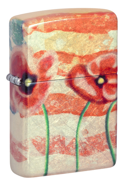 Front shot of Zippo American Poppie Design 540 Fusion Windproof Lighter standing at a 3/4 angle.