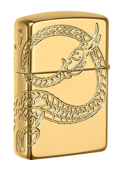 Back shot of ArmorÂ® Asian Dragon 360-Degree Gold-Plate Windproof Lighter standing at a 3/4 angle