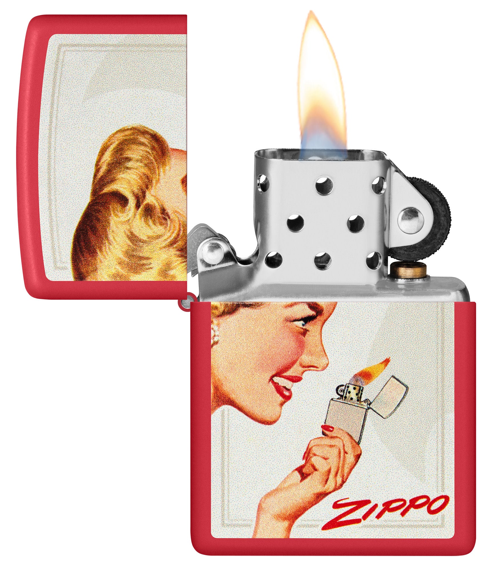 Zippo Vintage Ad Lighter Set Matte Windproof Lighters with its lid open and lit.
