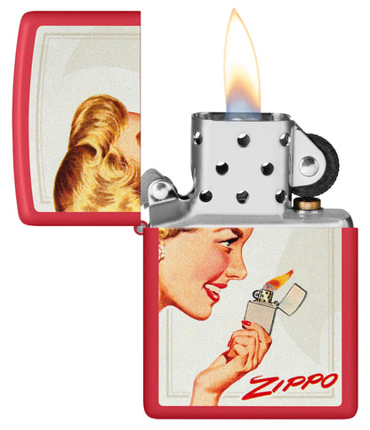 Zippo Vintage Ad Lighter Set Matte Windproof Lighters with its lid open and lit.