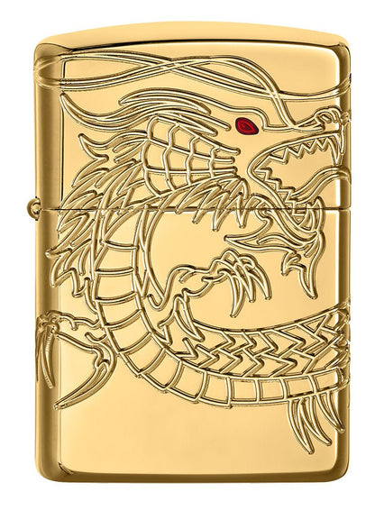 Front view of ArmorÂ® Asian Dragon 360-Degree Gold-Plate Windproof Lighter