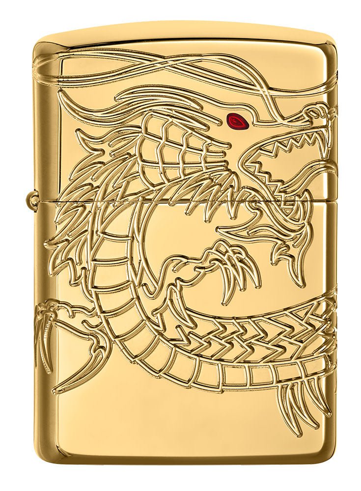 Front view of ArmorÂ® Asian Dragon 360-Degree Gold-Plate Windproof Lighter