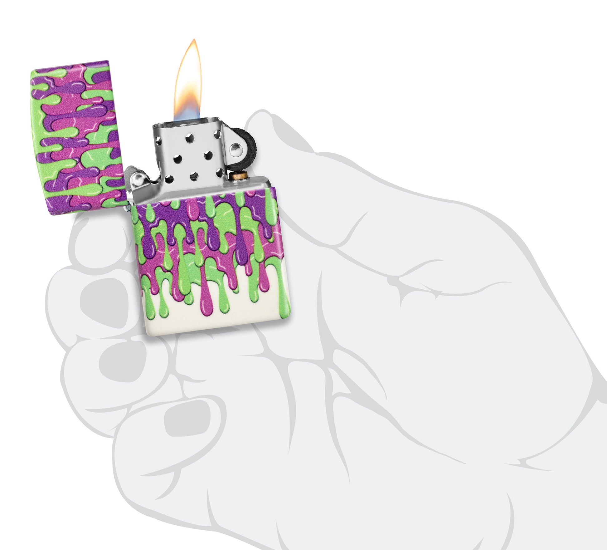 Zippo Glowing Slime Design Glow in the Dark Windproof Lighter lit in hand.

