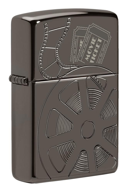 Front view of Celebrating Movies ArmorÂ® Black IceÂ® Windproof Lighter standing at a 3/4 angle.