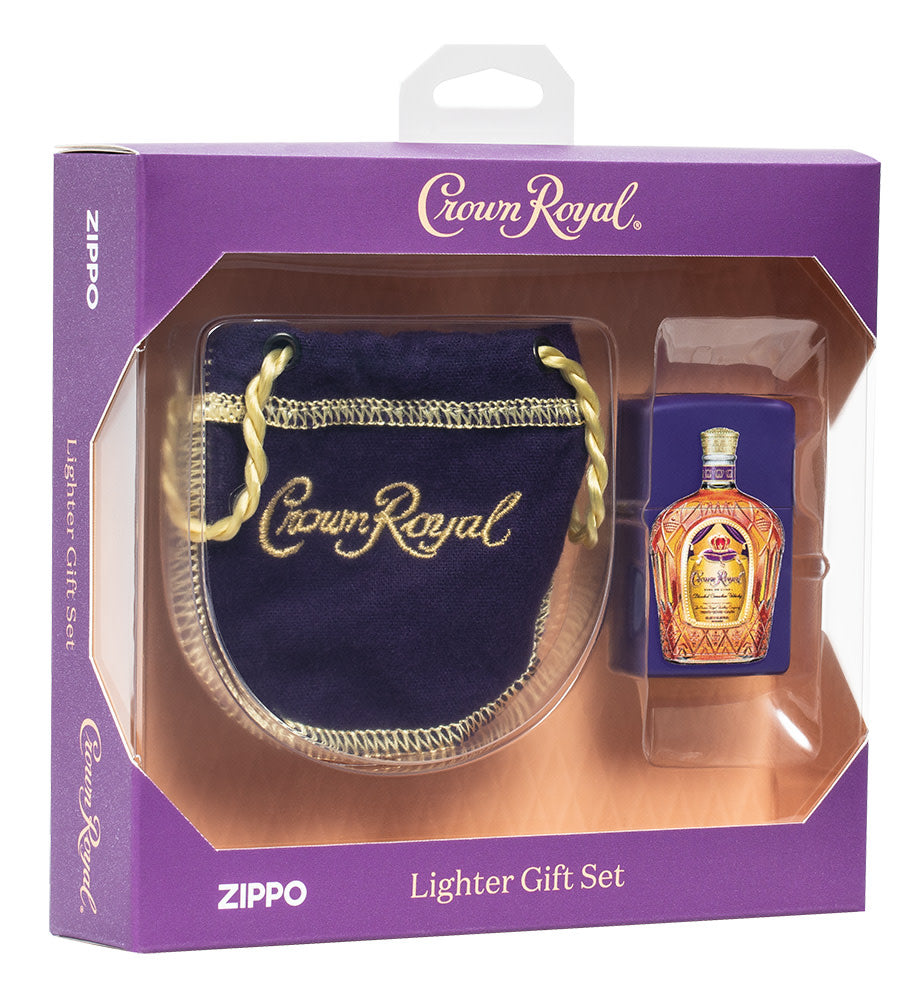 Crown RoyalÂ® Purple Matte Windproof Lighter and Pouch Gift Set in its packaging.