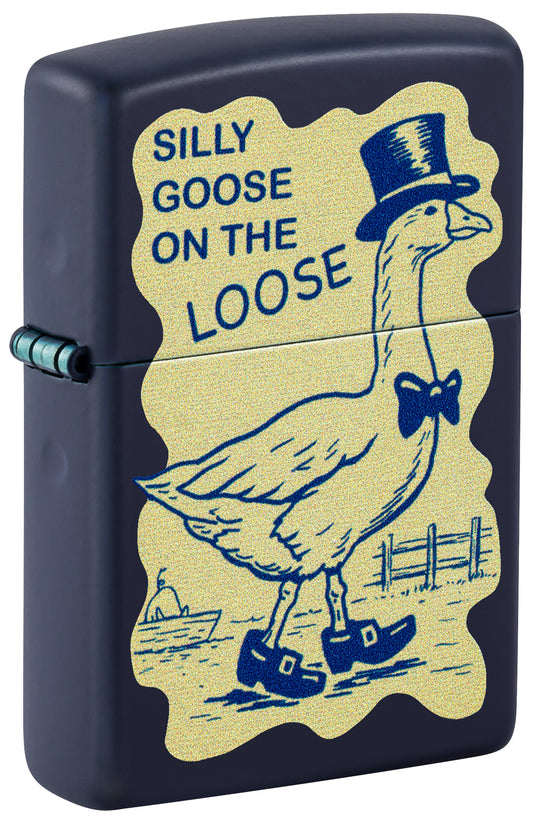 Front shot of Zippo Silly Goose Design Navy Blue Matte Windproof Lighter standing at a 3/4 angle.