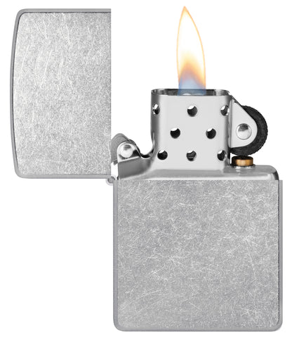 Street Chrome Windproof Lighter with its lid open and lit