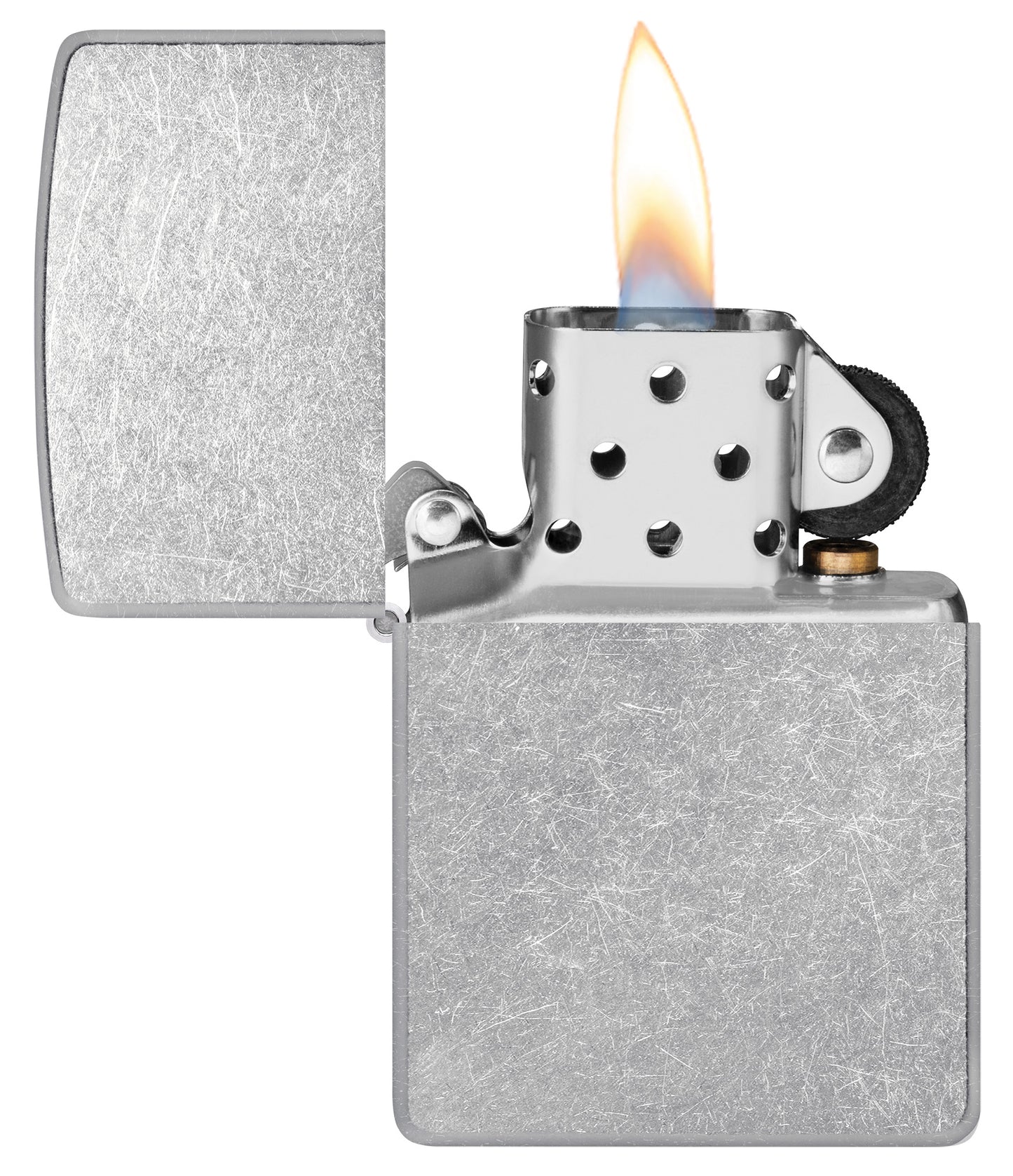 Street Chrome Windproof Lighter with its lid open and lit