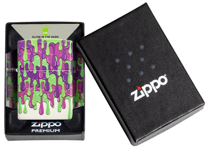 Zippo Glowing Slime Design Glow in the Dark Windproof Lighter in its packaging.


