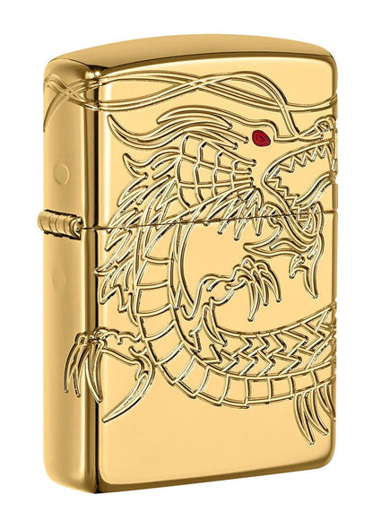 Front shot of ArmorÂ® Asian Dragon 360-Degree Gold-Plate Windproof Lighter standing at a 3/4 angle