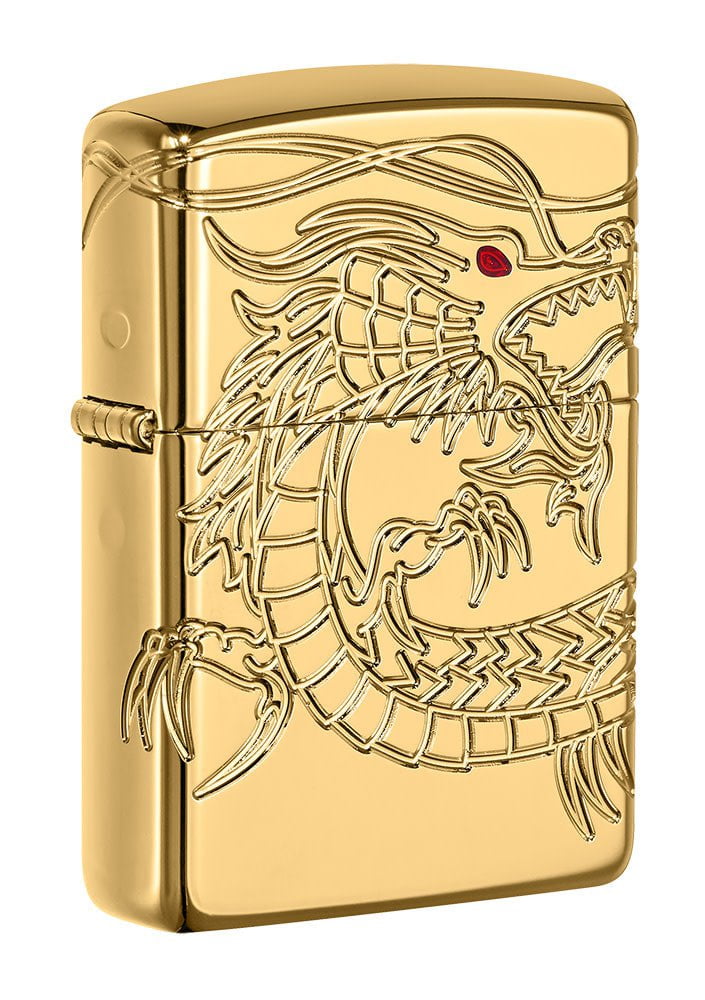 Front shot of ArmorÂ® Asian Dragon 360-Degree Gold-Plate Windproof Lighter standing at a 3/4 angle