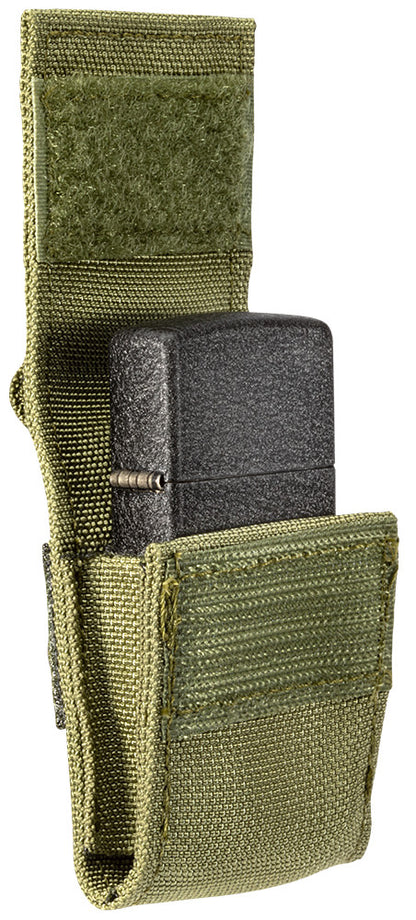 Side view of OD Green Tactical Pouch with included Black CrackleÂ® Windproof Lighter