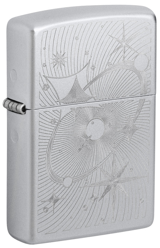 Front shot of Zippo Atomic Cosmos Design Satin Chrome Windproof Lighter standing at a 3/4 angle.