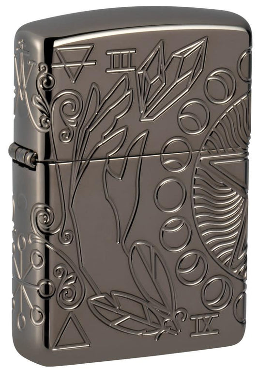 Front shot of Wicca Design ArmorÂ® Black IceÂ® Windproof Lighter standing at a 3/4 angle.