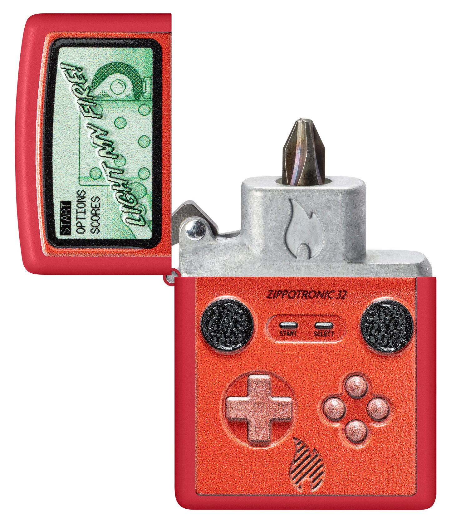 Zippotronic Design Windproof Lighter with its lid open and showing the Bit Safe Screwdriver USA. 