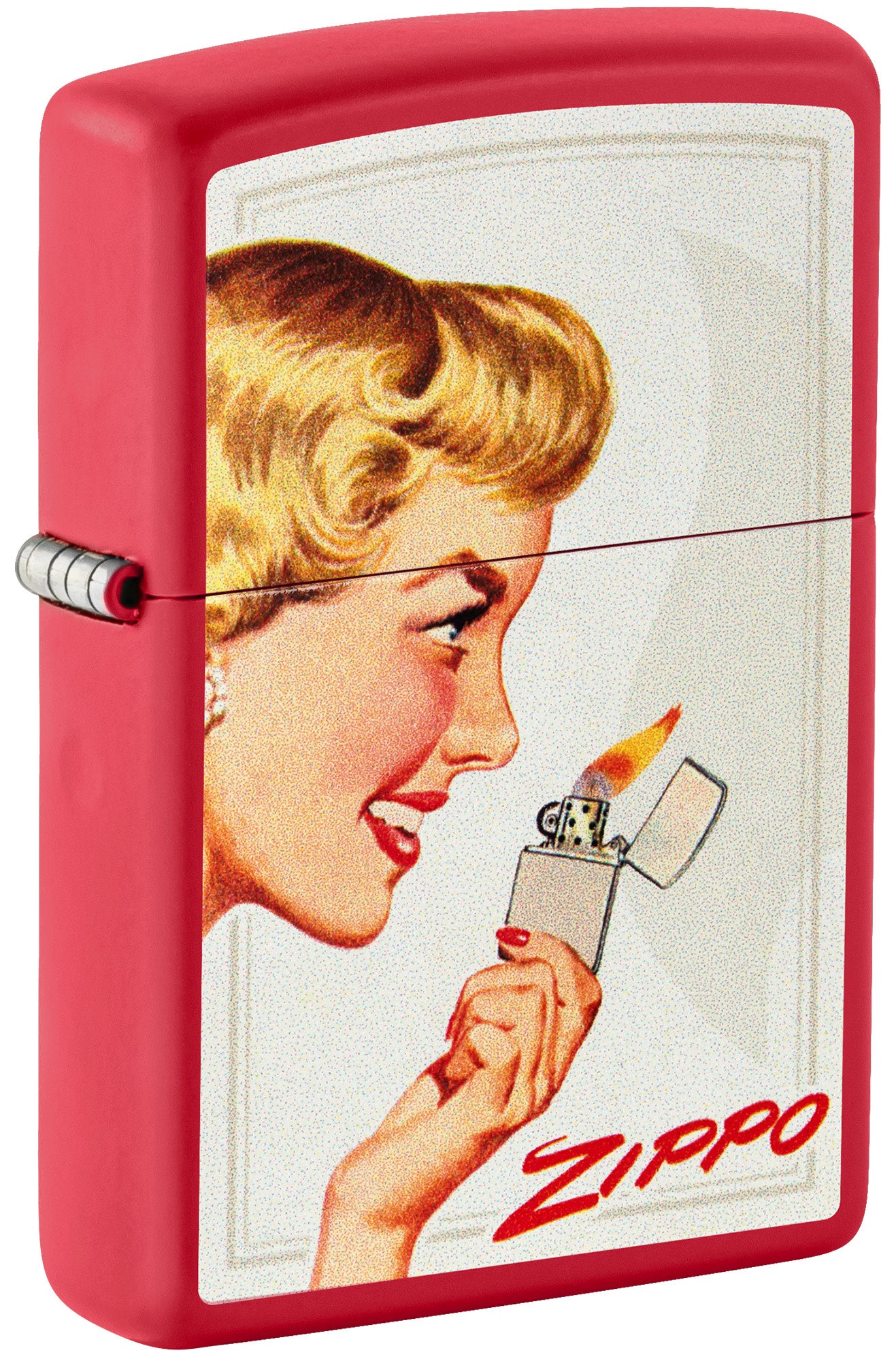 Front shot of Zippo Vintage Ad Lighter Set Matte Windproof Lighters standing at a 3/4 angle.