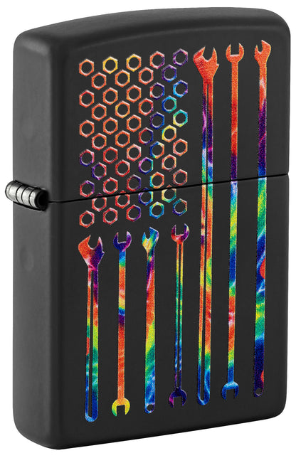 Front View of Zippo Tie-Dye Tools Bit Safe Design Windproof Lighter 3/4 angle