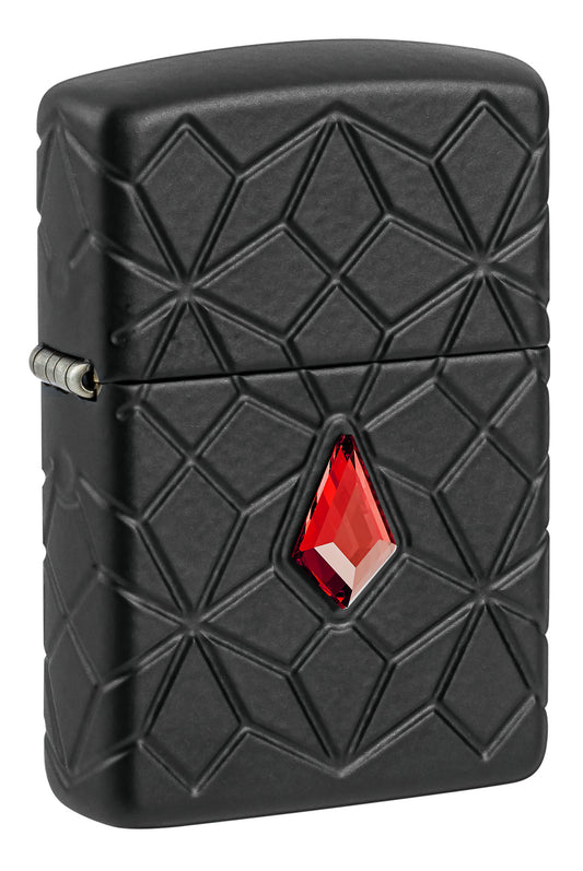Front shot of Zippo Crystal Design ArmorÂ® Black Matte Windproof Lighter standing at a 3/4 angle.