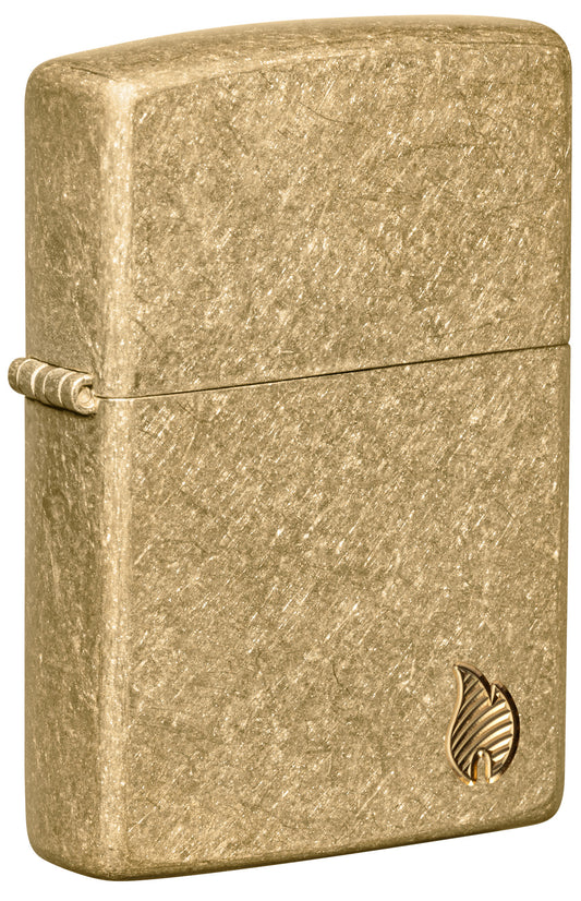 Front shot of Zippo ArmorÂ® Series Flame Tumbled Brass Windproof Lighter standing at a 3/4 angle.