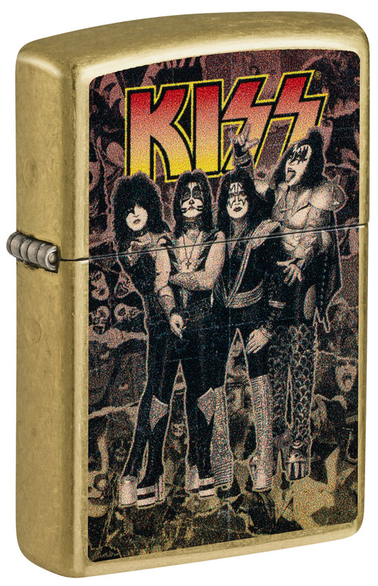 Front shot of Zippo KISS Poster Street Brass Windproof Lighter standing at a 3/4 angle.