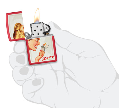 Zippo Vintage Ad Lighter Set Matte Windproof Lighters lit in hand.