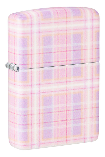 Front View of Zippo Pink Plaid Bit Safe Design Windproof Lighter 3/4 angle
