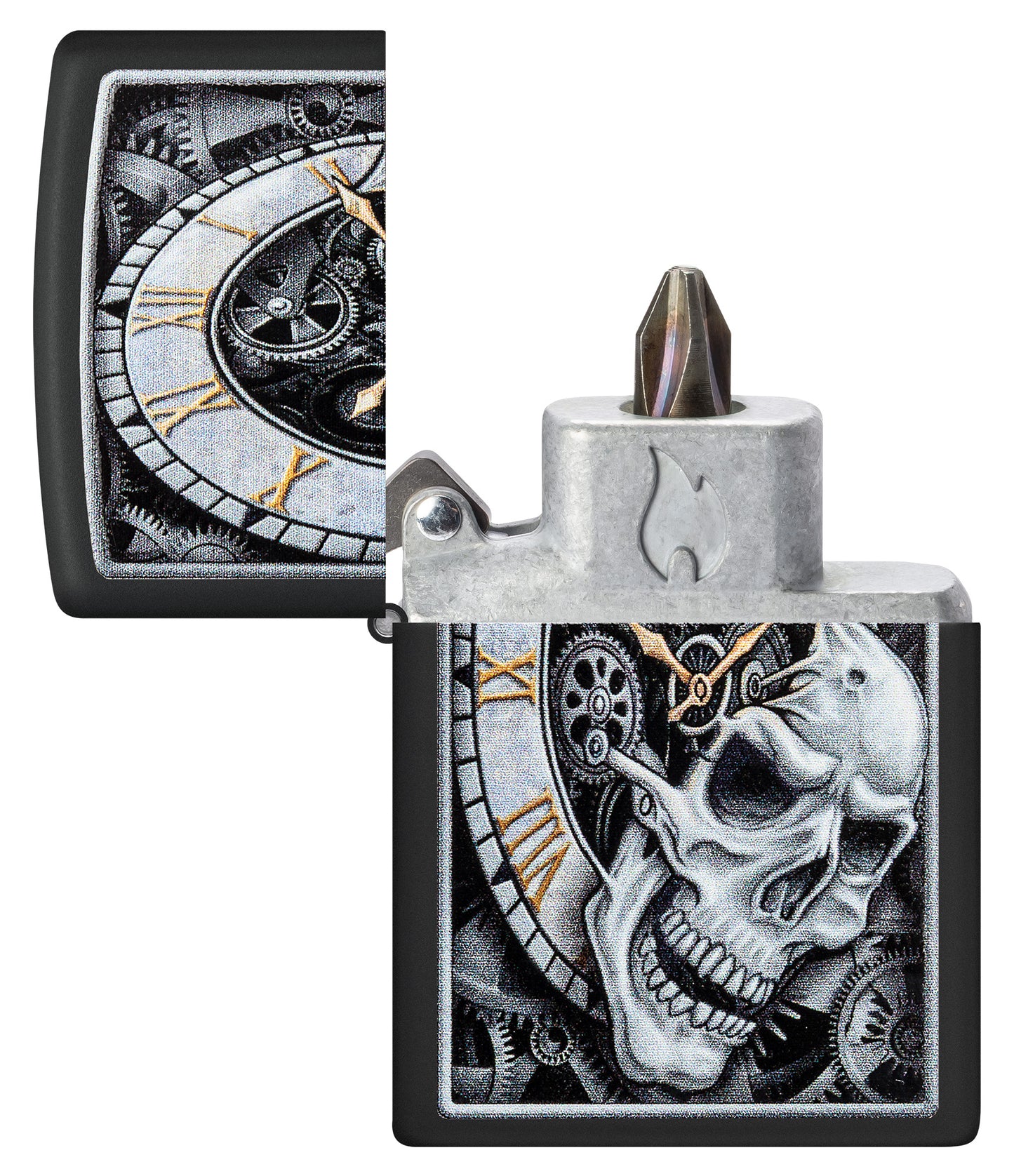 Skull Clock Design Windproof Lighter with its lid open and showing the Bit Safe Screwdriver USA.