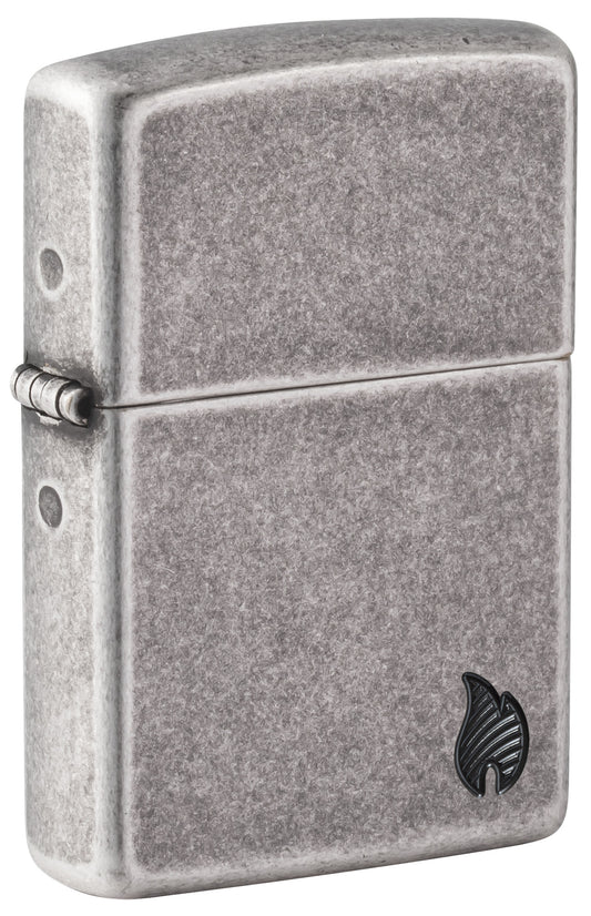 Front shot of Zippo ArmorÂ® Series Flame Antique Silver Windproof Lighter standing at a 3/4 angle.