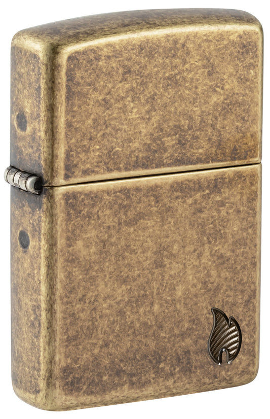 Front shot of Zippo ArmorÂ® Series Flame Antique Brass Windproof Lighter standing at a 3/4 angle.