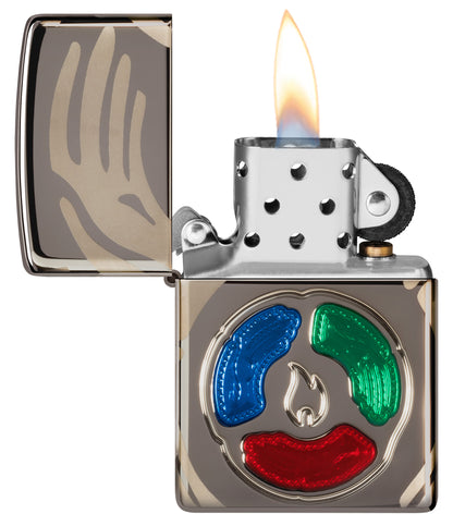 Zippo 2025 Collectible of the Year Windproof Lighter with its lid open and lit.