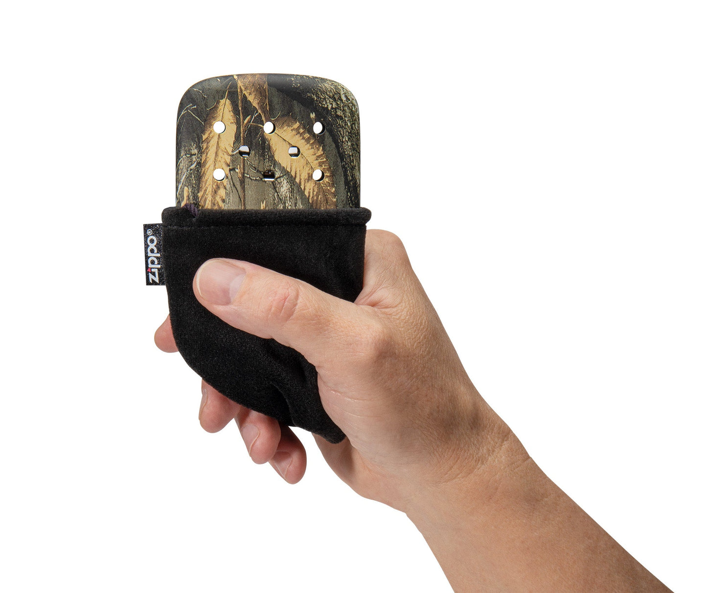 12-Hour RealtreeÂ® Edge Refillable Hand Warmer in hand in it's included pouch.