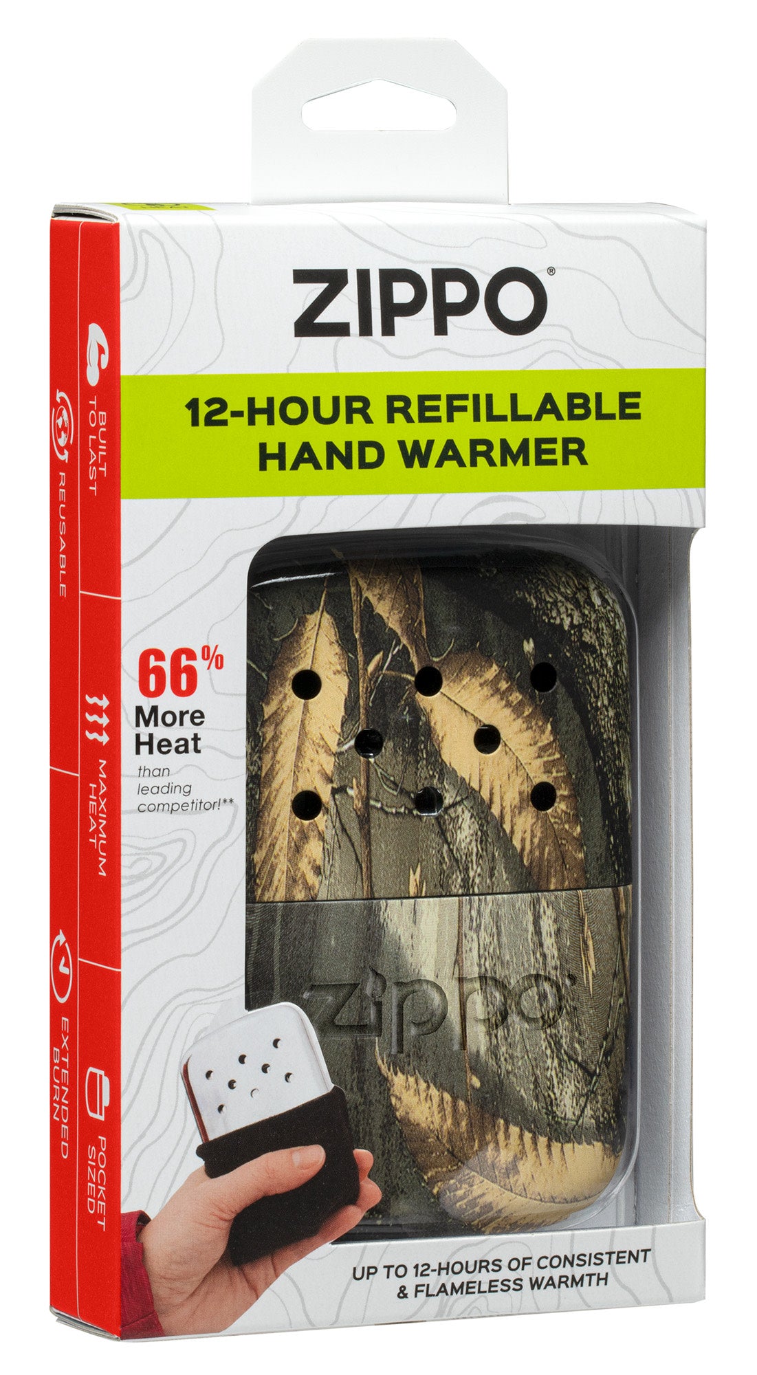12-Hour RealtreeÂ® Edge Refillable Hand Warmer in hand in it's packaging.