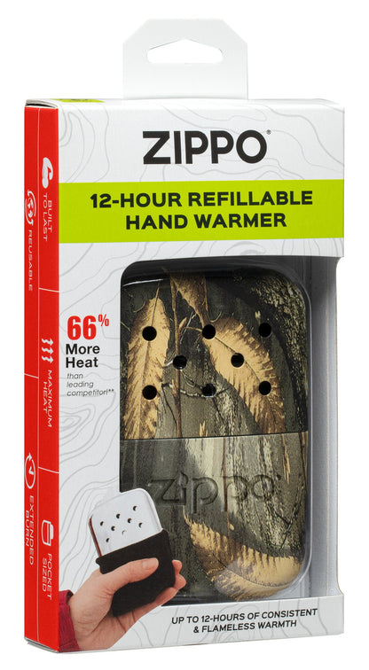 12-Hour RealtreeÂ® Edge Refillable Hand Warmer in hand in it's packaging.