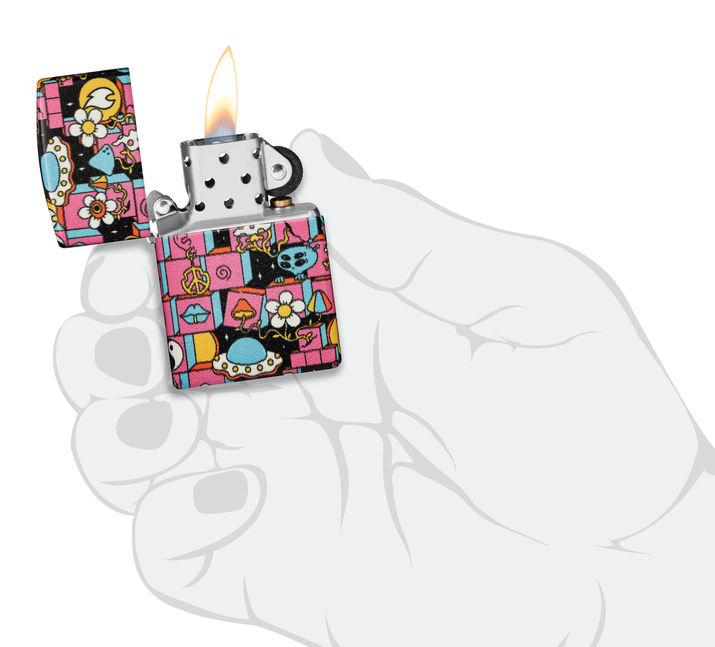 Zippo Abstract Design Glow in the Dark Green Windproof Lighter lit in hand.