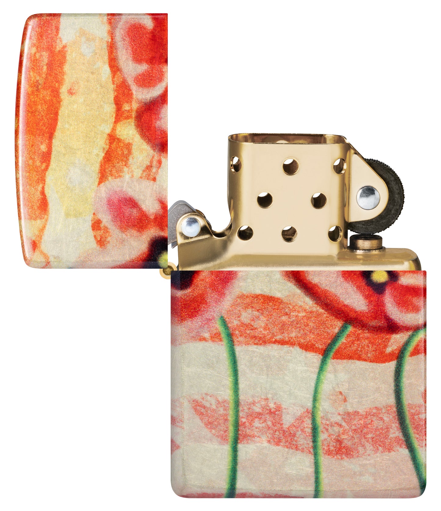 Zippo American Poppie Design 540 Fusion Windproof Lighter with its lid open and classic insert unlit.