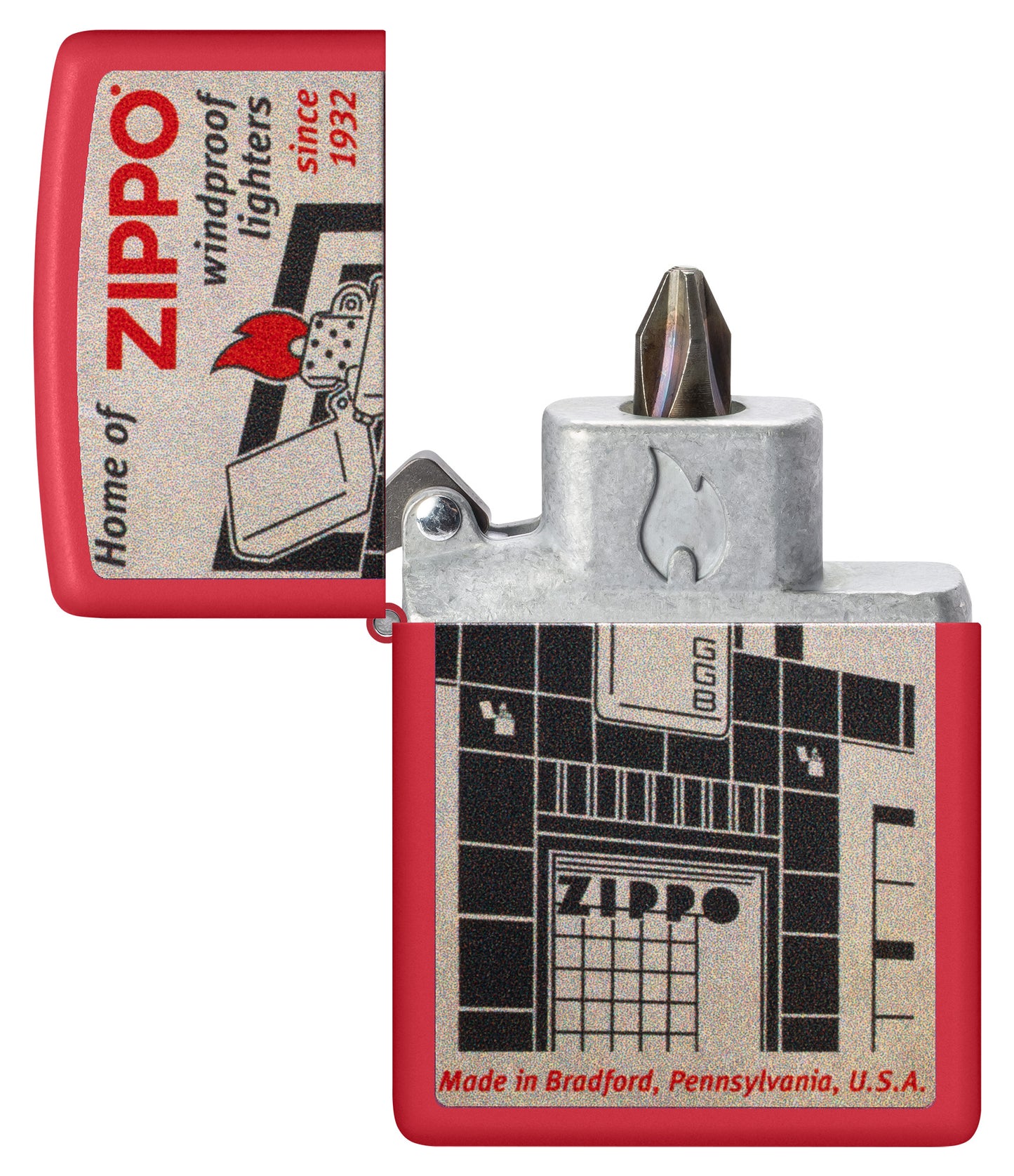 Blueprint Design Design Windproof Lighter with its lid open and showing the Bit Safe Screwdriver USA. 