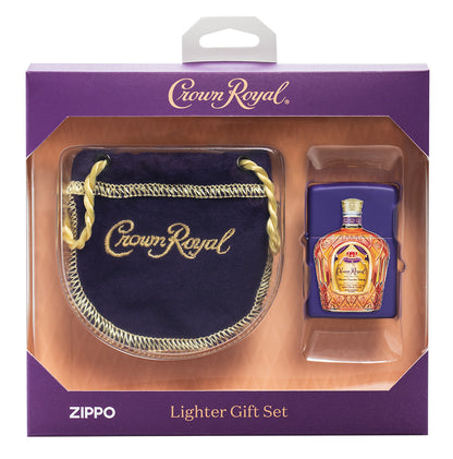 Front view of the Crown RoyalÂ® Purple Matte Windproof Lighter and Pouch Gift Set.