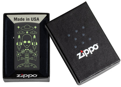 Zippo Alien Invasion Design SlimÂ® Black Matte Windproof Lighter in its packaging.