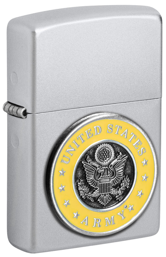 Front view of Zippo United States ArmyÂ® Emblem Satin Chrome Windproof Lighter standing at a 3/4 angle.