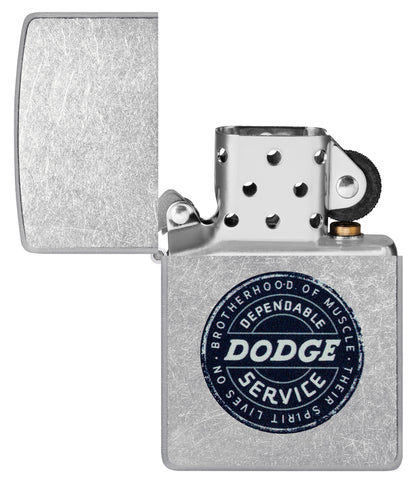 Zippo Dodge Service Sign Street Chrome Windproof Lighter with its lid open and unlit.