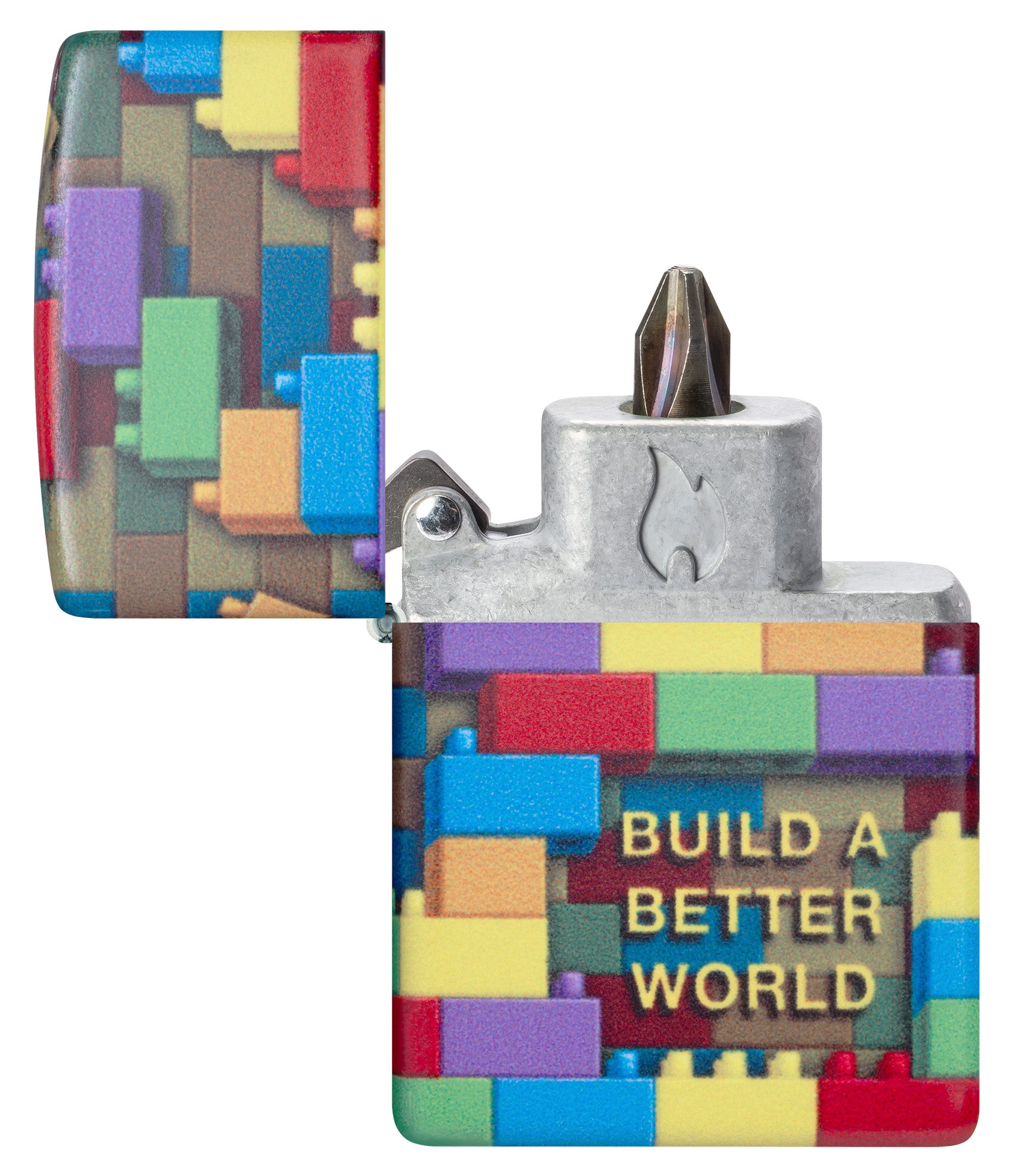 Front View of Zippo Building Blocks Bit Safe Design Windproof Lighter open