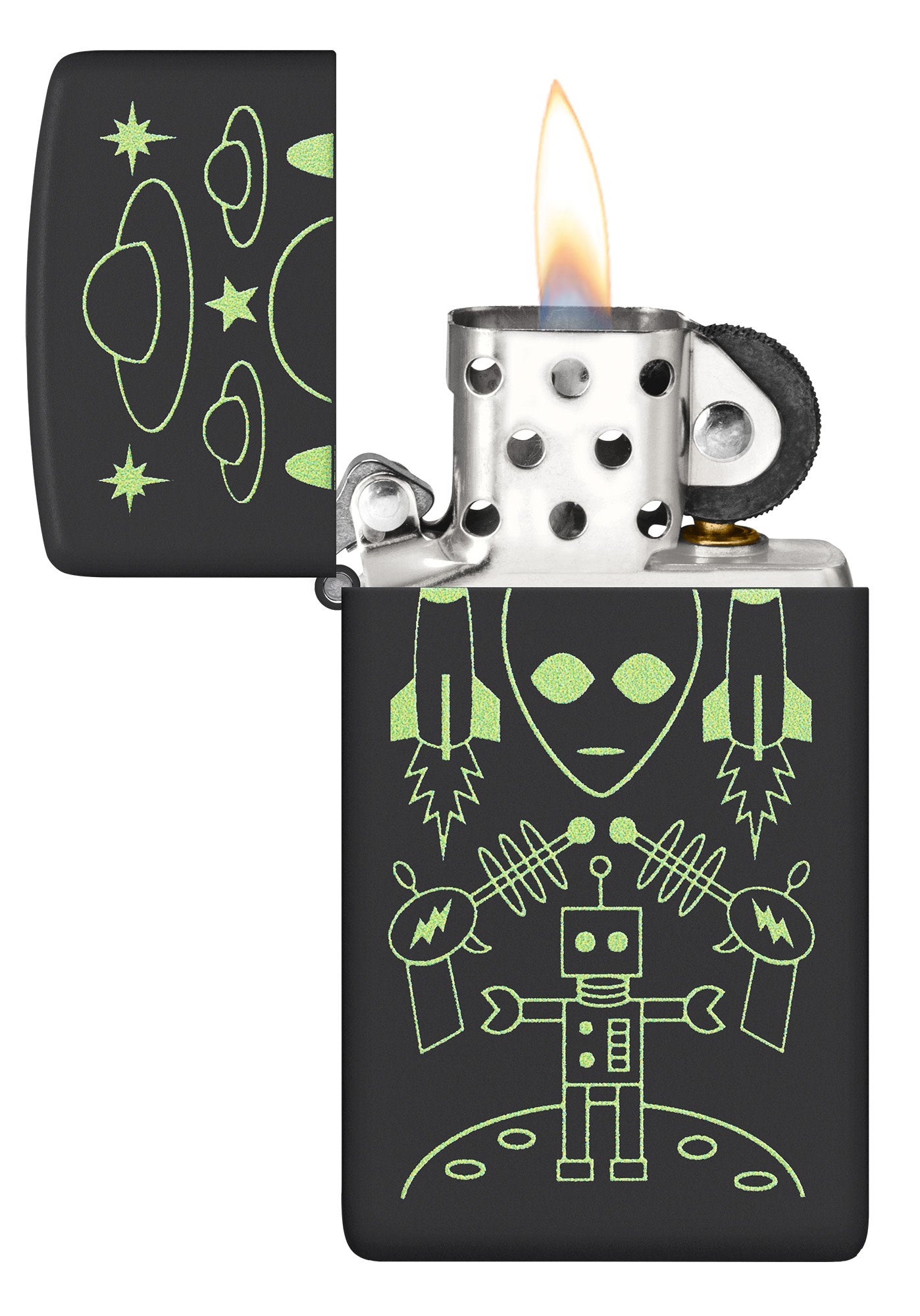 Zippo Alien Invasion Design SlimÂ® Black Matte Windproof Lighter with its lid open and lit.