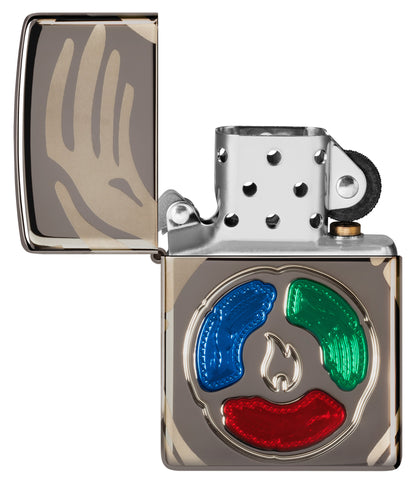 Zippo 2025 Collectible of the Year Windproof Lighter with its lid open and unlit.