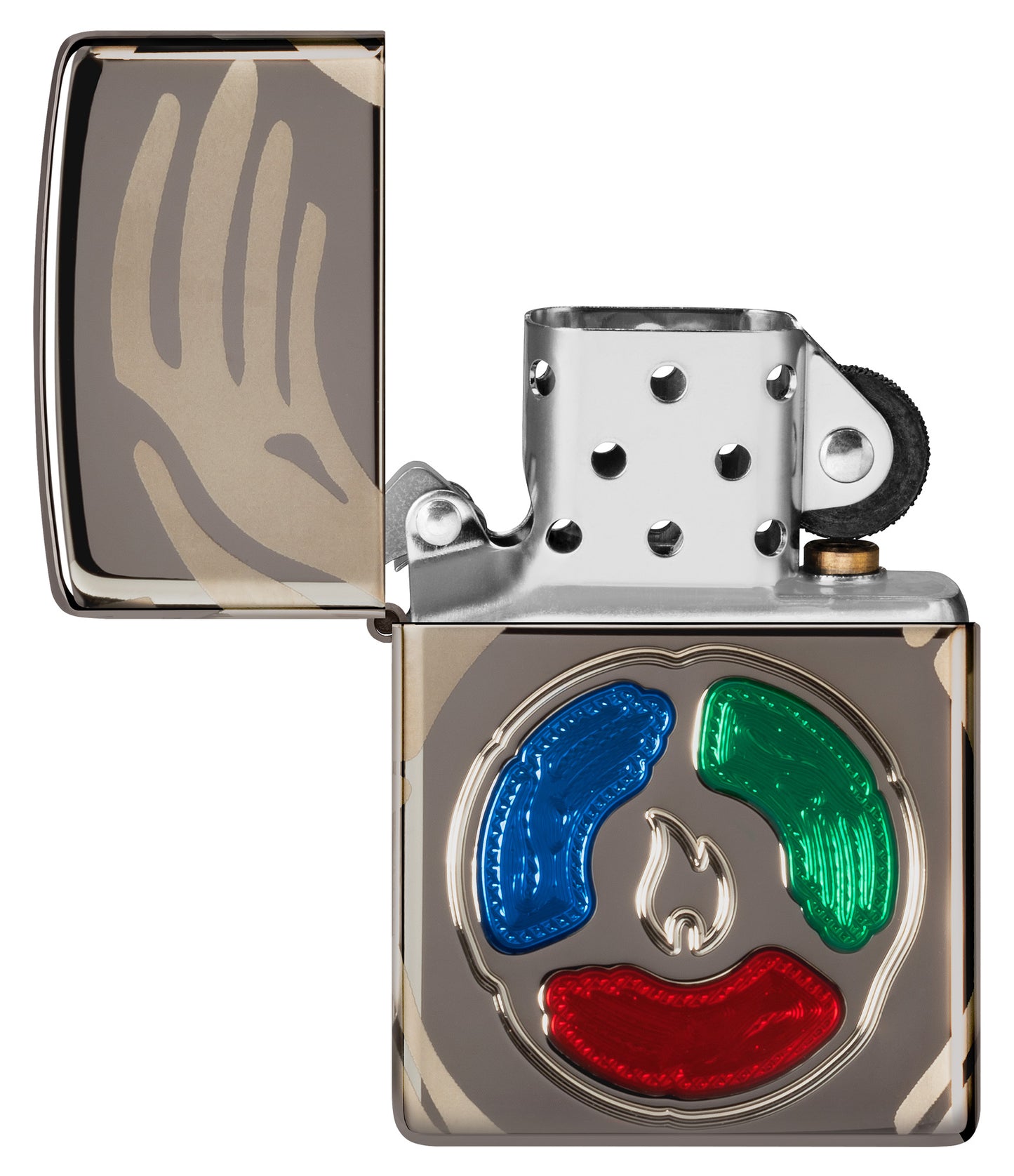 Zippo 2025 Collectible of the Year Windproof Lighter with its lid open and unlit.